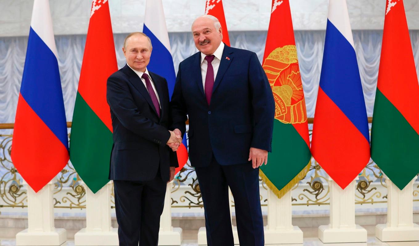 Rysslands Vladimir Putin och Belarus Aleksandr Lukasjenko hälsar på varandra inför sitt möte på måndagen. Foto: Konstantin Zavrazhin/Sputnik/Pool via AP/TT