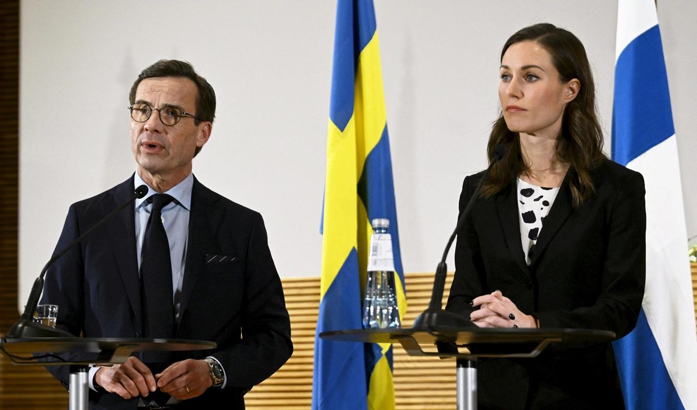 Finska statsministern Sanna Marin och Ulf Kristersson håller en pressträff i Finland den 1 november 2022. Foto: Vesa Moilanen/Lehtikuva