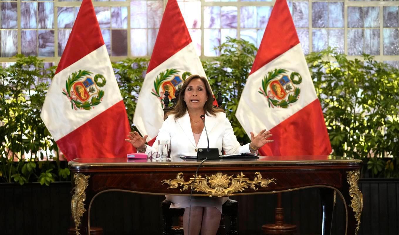 Perus president Dina Boluarte under tisdagens pressträff. Foto: Martin Mejia/AP/TT