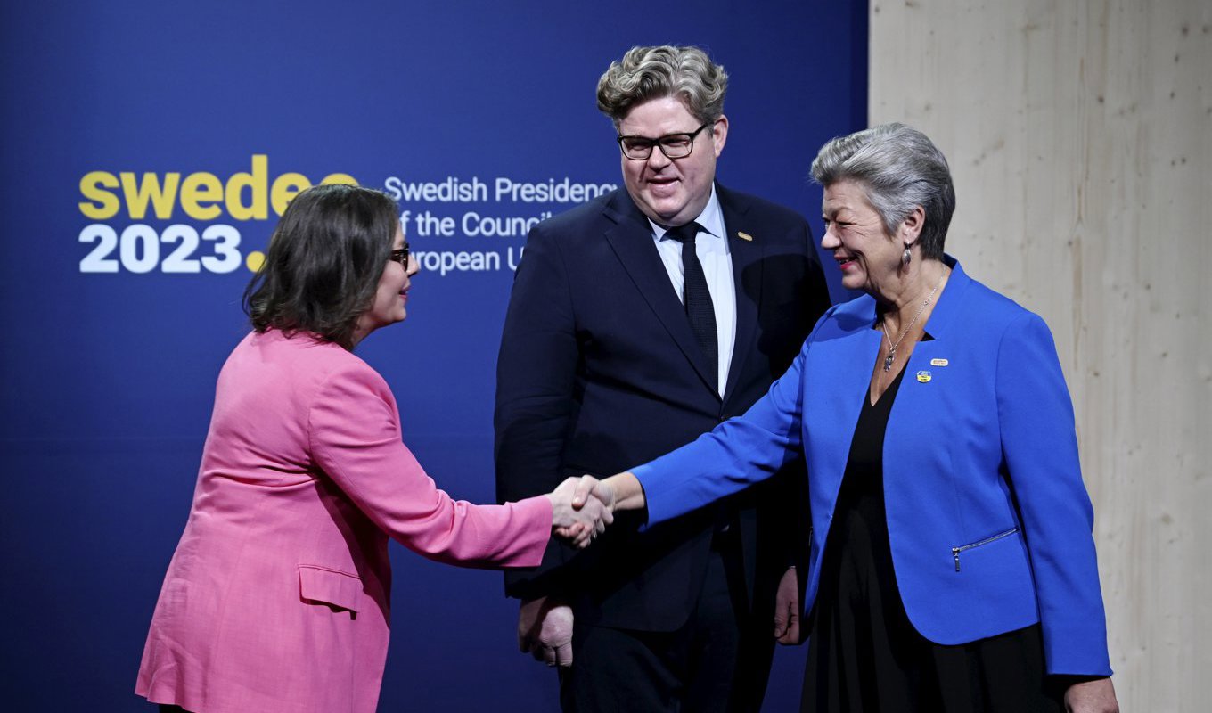 Informellt möte med justitie- och inrikesministrarna under det svenska ordförandeskapet i EU. Migrationsminister Maria Malmer Stenergard (M), Ylva Johansson, EU-kommissionär med ansvar för inrikes frågor och justitieminister Gunnar Strömmer (M). Foto: Pontus Lundahl/TT