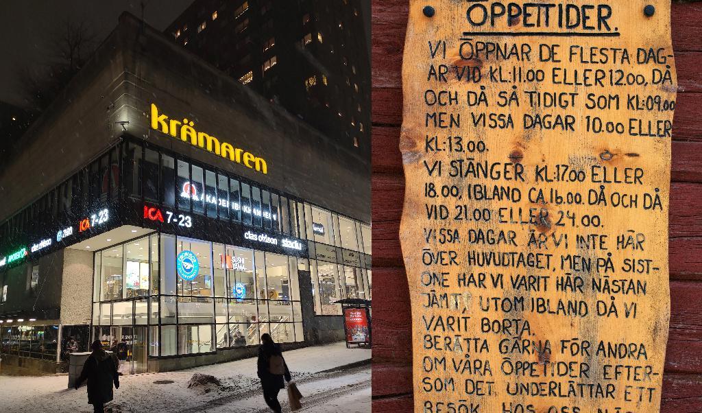 Till vänster ett köpcenter med generösa öppettider i Örebro, till höger skojfriska öppettider på Mannaminne. Foto: Emil Almberg