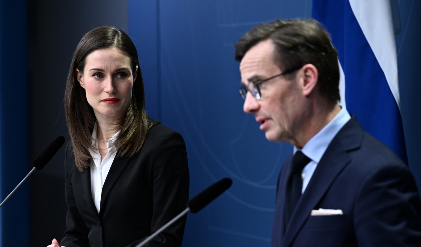 Finlands statsminister Sanna Marin och statsminister Ulf Kristersson (M) på en pressträffen i torsdags, när Marin besökte Stockholm. Då var budskapet att Finland räknar med att gå in i Nato samtidigt som Sverige Arkivbild. Foto: Jonas Ekströmer/TT