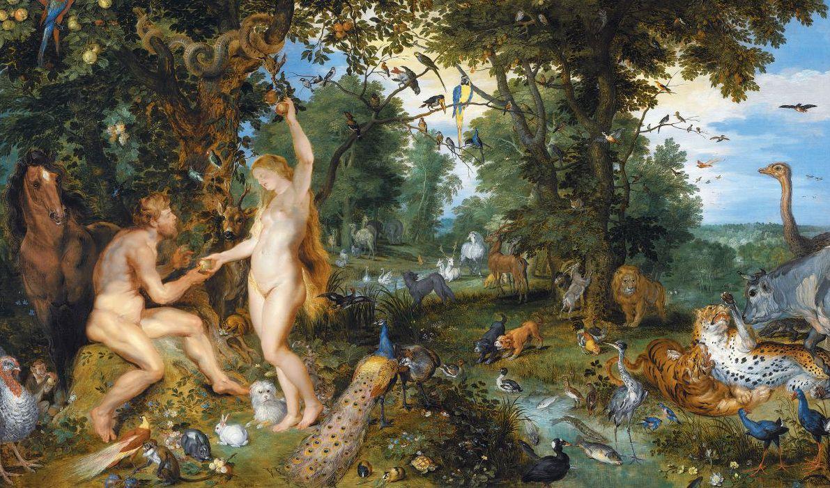 I den judeokristna mytologin är Adam och Eva de första människorna. De levde i en paradisisk tillvaro i Edens trädgård, men försköts efter att de hade brutit Guds tabu: de åt från Kunskapens träd. Målning: Jan Brueghel den äldre.