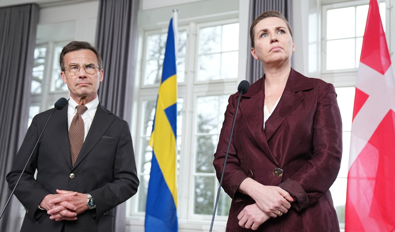 Statsminister Ulf Kristersson på en presskonferens tilllsammans med Danmarks statsminister Mette Frederiksen (S). Foto: Mads Claus Rasmussen/Ritzau Scanpix/TT