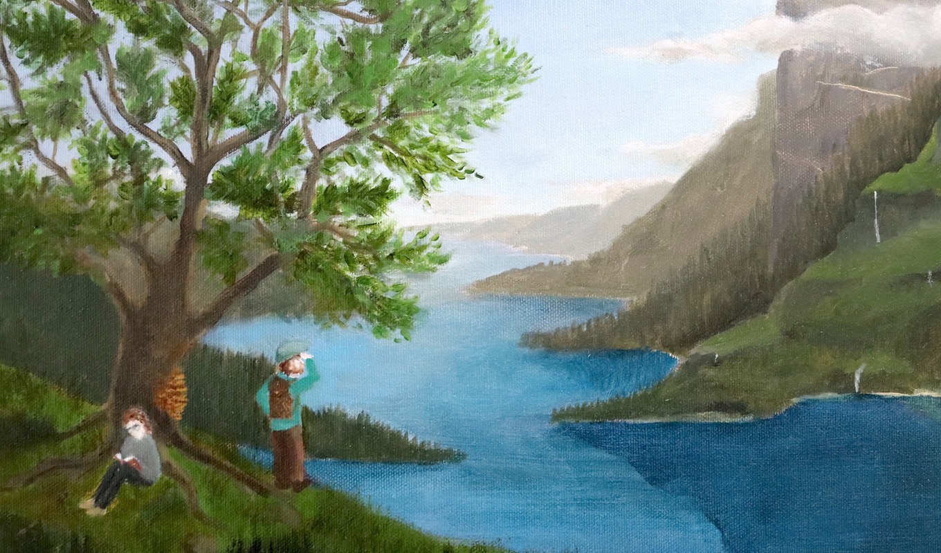 Tavlan är målad av Martin Ekroth och beskriver starten på en resa. Första steget på en vandring mot en till synes ouppnåelig bergstopp. Foto: Anton Nilsson.