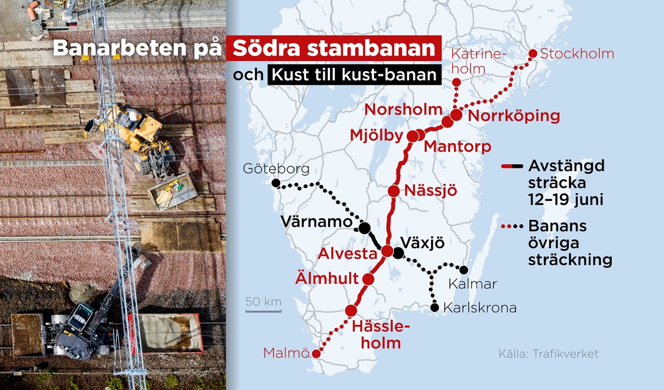 Avstängda sträckor under vecka 24 Södra stambanan och Kust till kust-banan. Bland annat ska växlar och spår bytas, ställverk moderniseras och teknikhus uppgraderas. Foto: Anders Humlebo/TT
