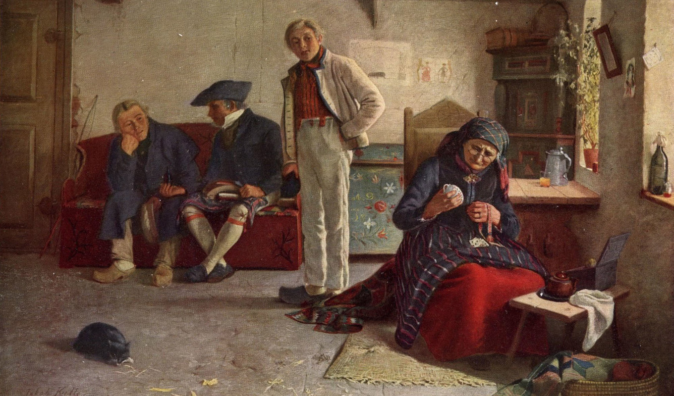 En klok gumma använder en kaffekopp för att spå en ung mans framtid. Konstnären Jacob Kulle skildrade i sina målningar livet hos den skånska allmogen. Foto: Jacob Kulle