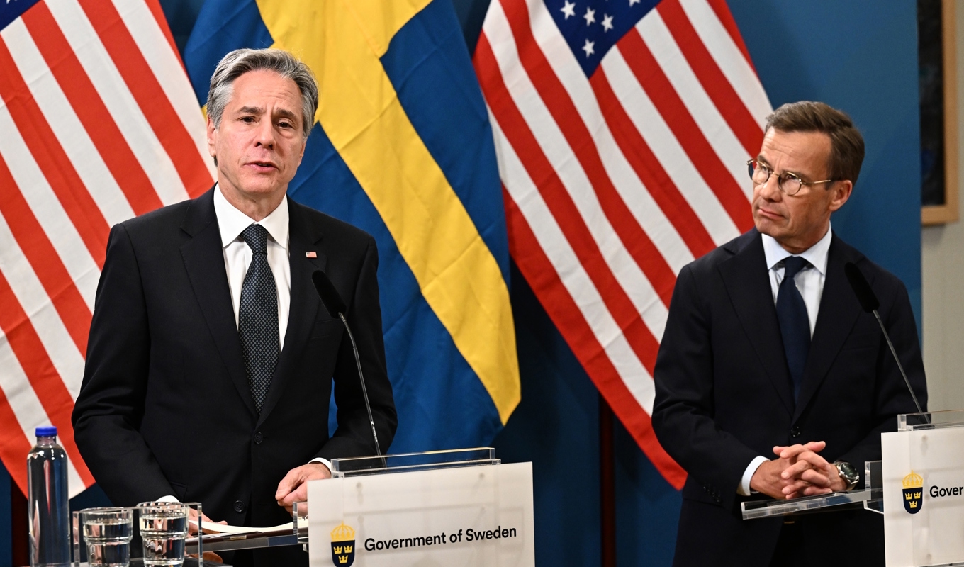 Statsminister Ulf Kristersson och USA:s utrikesminister Antony Blinken vid pressträffen i Luleå. Foto: Jonas Ekströmer/TT