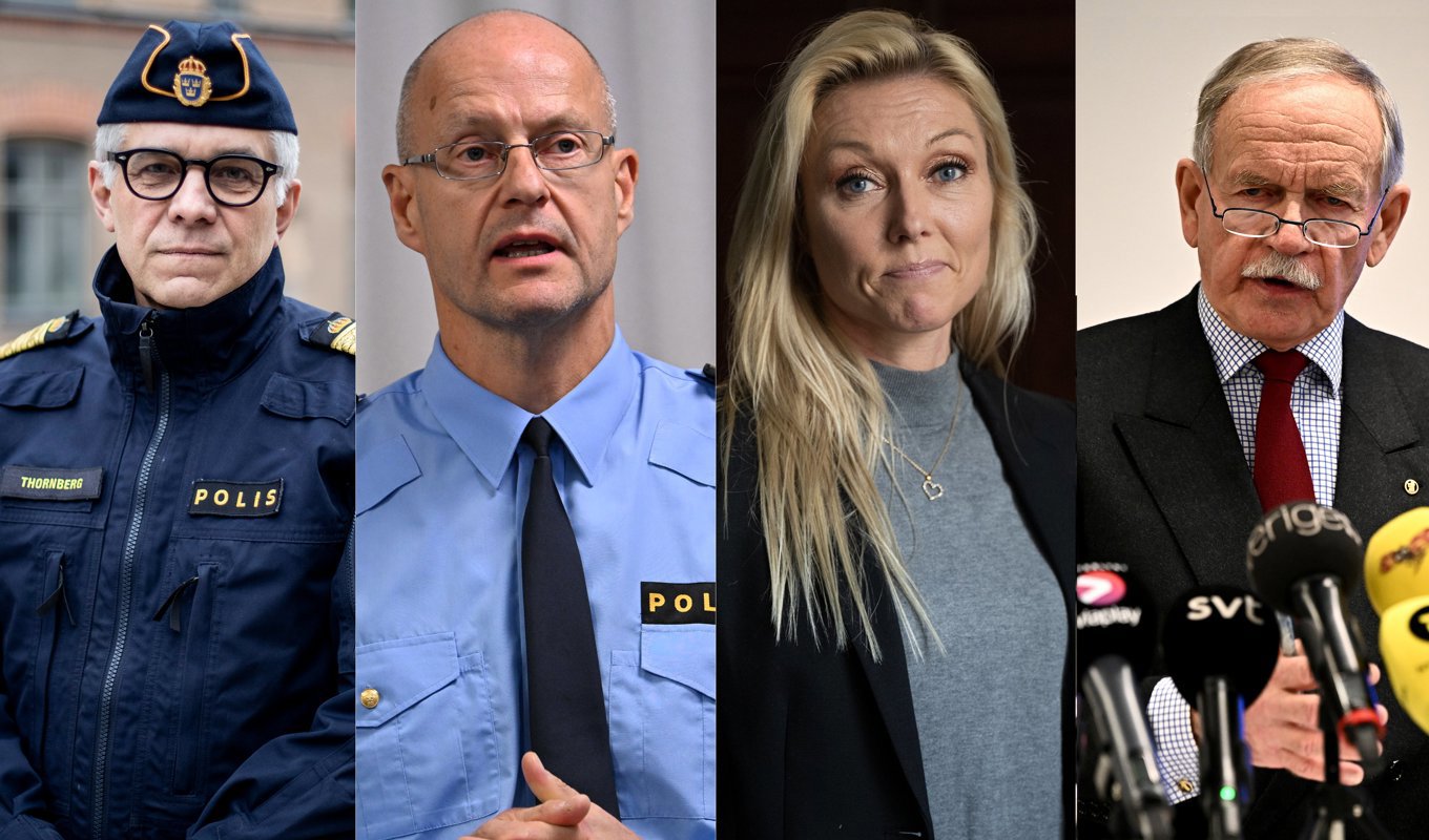 Rikspolischefen Anders Thornberg, före detta regionpolischefen Mats Löfving, Linda Staaf, Noa och polisens externa utredare Runar Viksten. Foto: TT