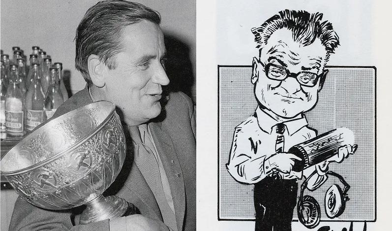 Kerj Jonsson med Von Rosens pokal. Arild Waeger avbildad av Tecknar-Lasse.Foto: Privat