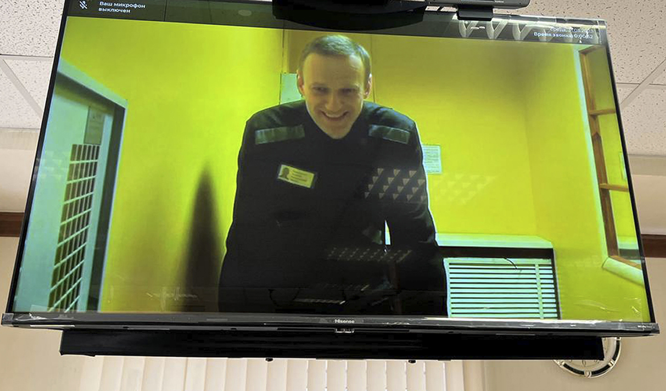 Oppositionsledare Alexej Navalnyj deltar på länk under en domstolsförhandling i Moskva. Bilden är distribuerad av Moskvas domstols pressavdelning den 31 maj. Foto: AP/TT