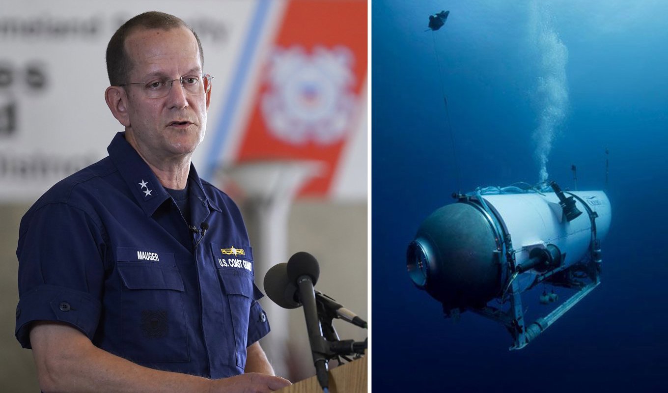 John Mauger på presskonferens i Boston till vänster, ubåten Titan till höger. Foto: Steven Senne/Oceangate/AP/TT