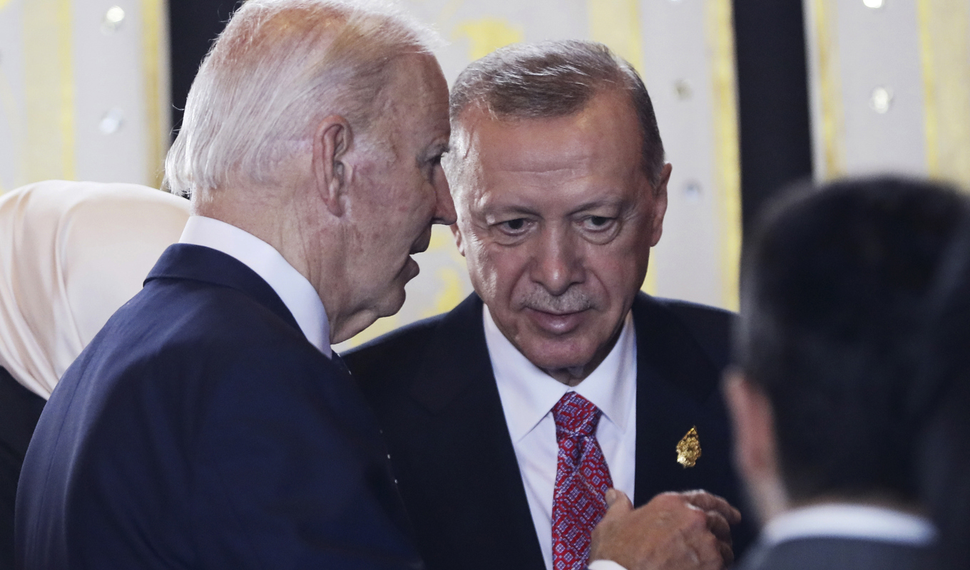 USA:s president Joe Biden och hans turkiske motsvarighet Recep Tayyip Erdogan vid ett tidigare tillfälle. Arkivbild. Foto: Made Nagi/AP/TT