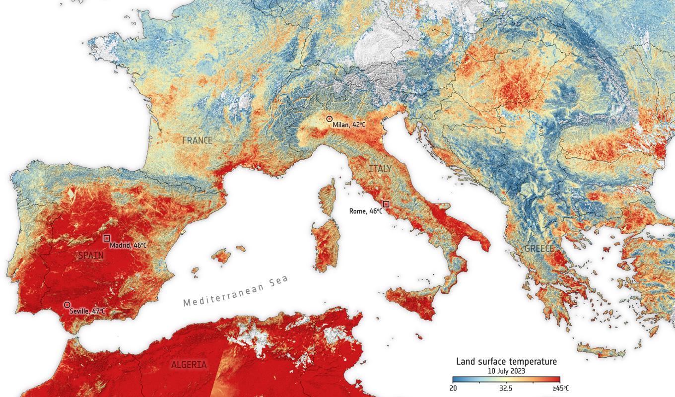 Karta över uppmätta marktemperaturer som har förväxlats med vanliga lufttemperaturer och skapat debatt. Foto: European Space Agency