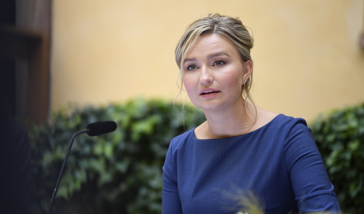 Kristdemokraternas partiledare Ebba Busch pratade om hoten mot Sverige och om utredningen av ordningslagen i sitt sommartal. Arkivbild. Foto: Oscar Olsson/TT