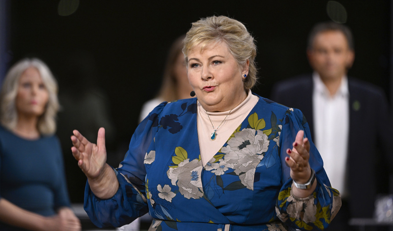 Höyres partiledare Erna Solberg under fredagens partiledardebatt. Foto: Carina Johansen/NTB/TT