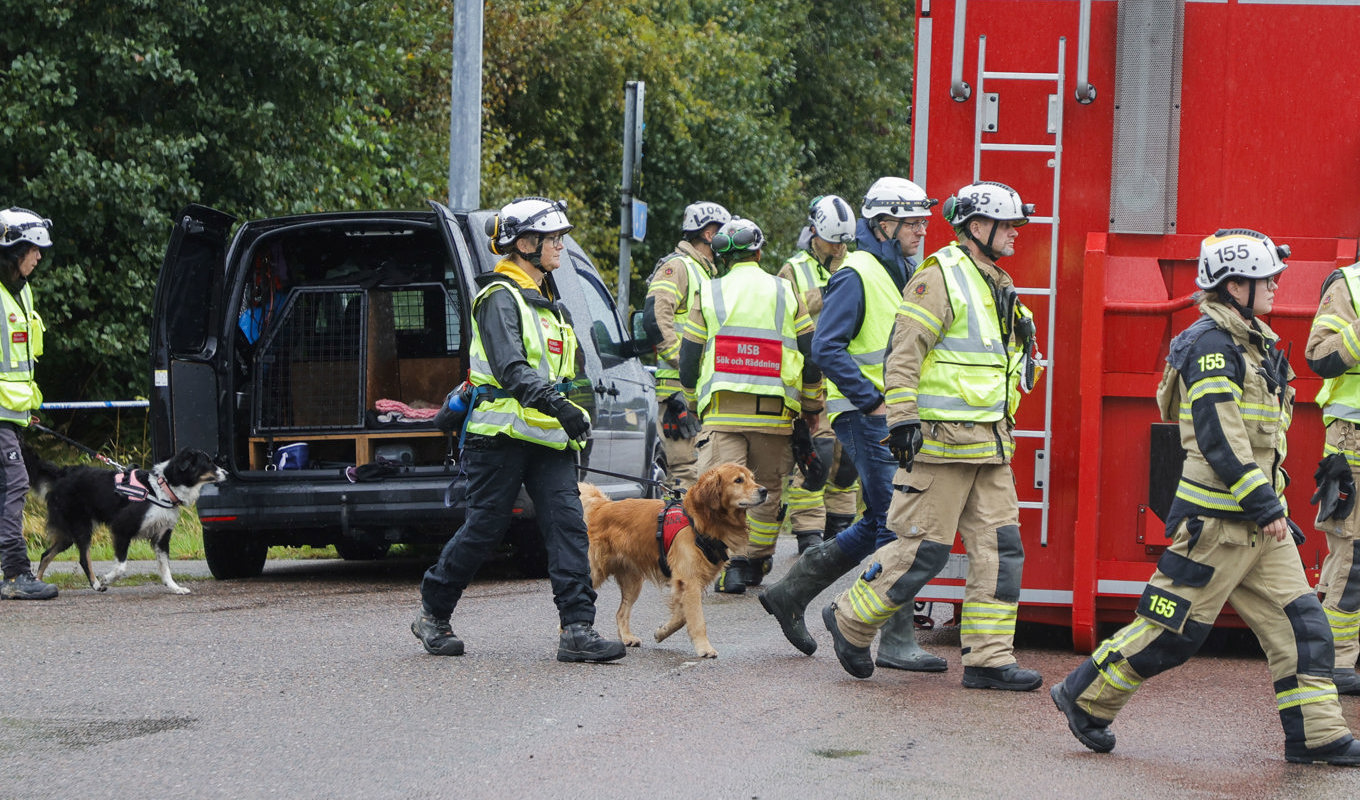 Sökhundar sätts in i arbetet för att garantera att inga människor sitter fast. Foto: Adam Ihse/TT