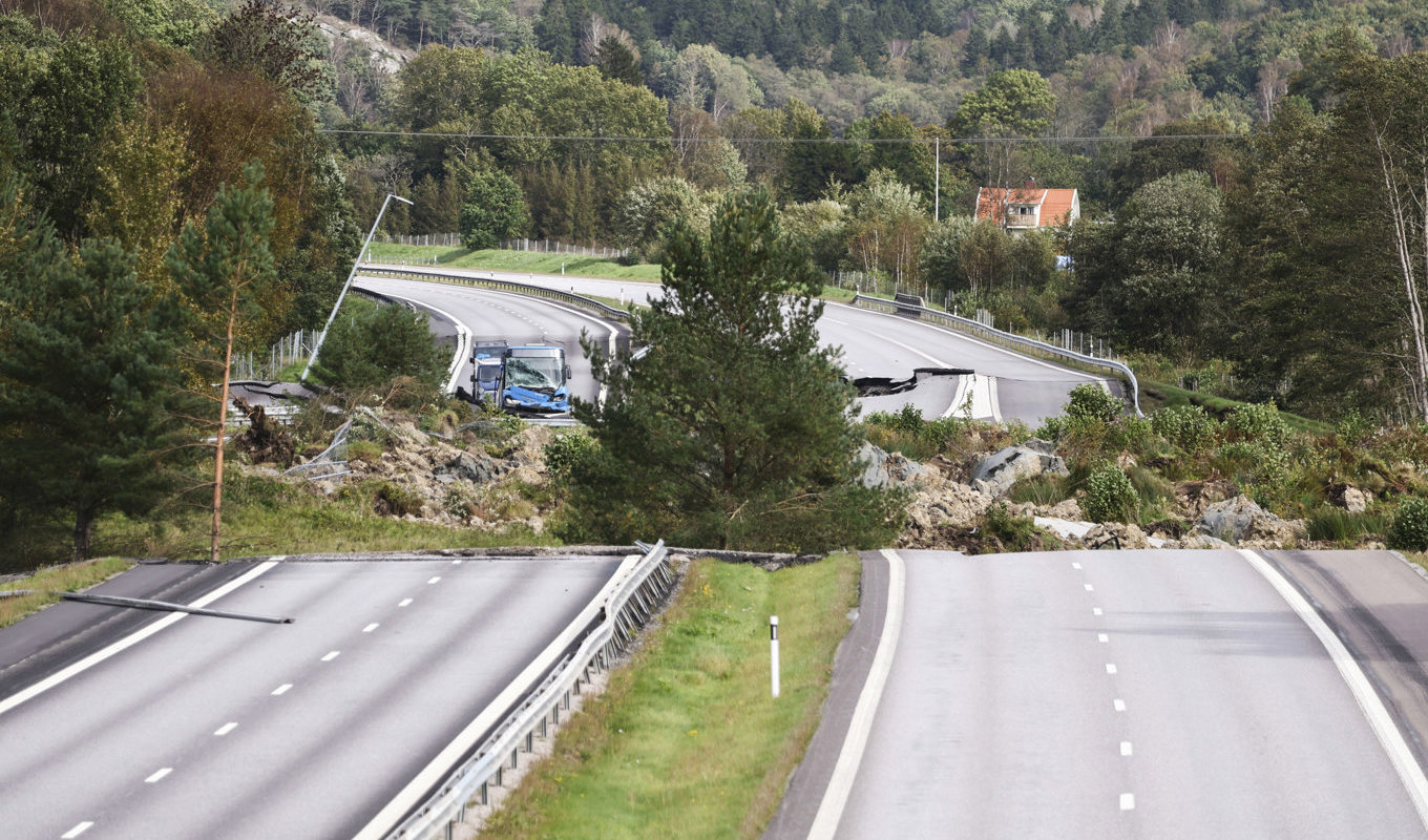 Översikt över området i Stenungsund som drabbats av jordskred i lördags morse. Foto: Adam Ihse/TT