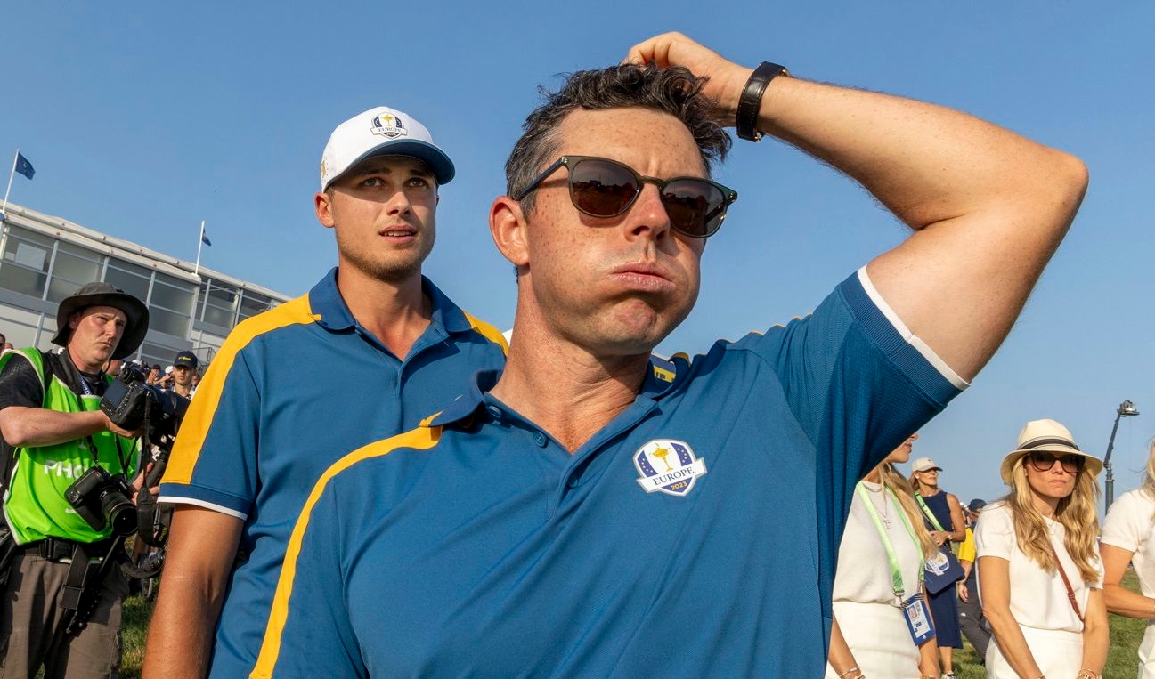 Två av Europas Ryder Cup-hjältar: Sveriges Ludvig Åberg och Nordirlands Rory McIlroy. Foto: Christer Höglund/TT