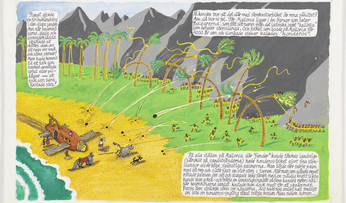 Bertil Almqvist blandar fakta och fiktion. När Hedenhös besöker Mallorca berättas om hur folket för 4 000 år sedan använde palmer som stenslungor. Foto: Cecilia Heisser/Nationalmuseum