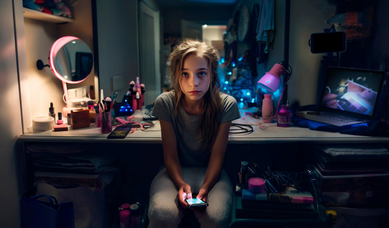 AI-tonåringen Laika visar vilka konsekvenserna av för mycket tid på sociala medier skulle kunna bli för unga människor. Foto: Länsförsäkringar Göteborg & Bohuslän