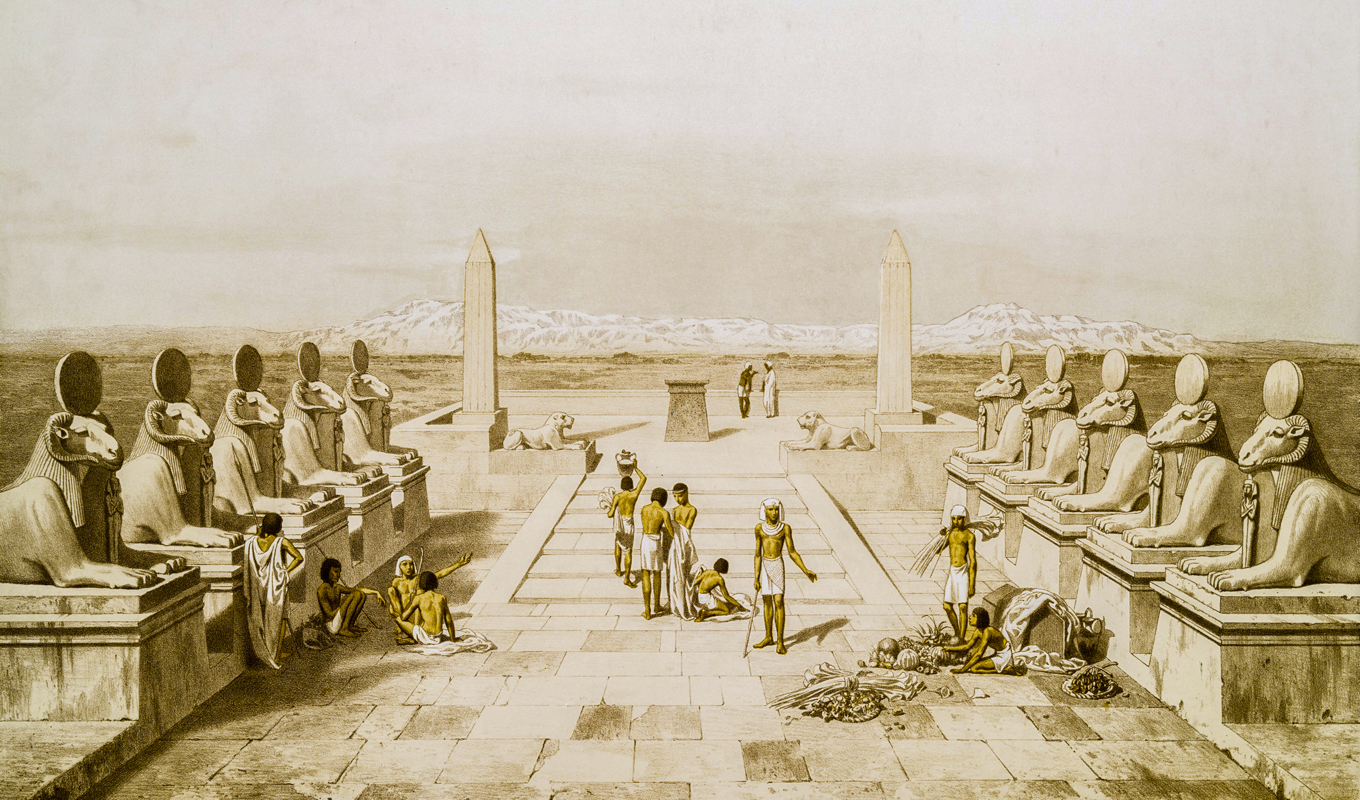 Människor i forna kulturer upplevde att allt var sammankopplat genom en osynlig kraft. Dromos med sfinxer som förbinder templen i Karnak med Nilens stränder. Foto: Ur Historie de lárt Egyptien, målning av Emilie Prisse Davennes (1807-1879).