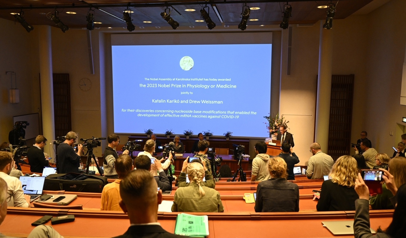 Katalin Karikó och Drew Weissman tilldelas årets Nobelpris i fysiologi eller medicin. Foto: Jessica Gow/TT