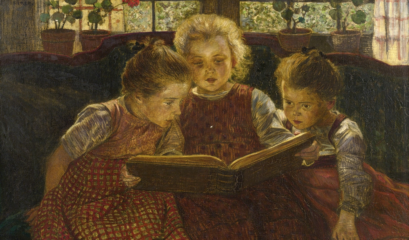 Läsakten ger barnet tillgång till en egen värld – och därmed till hela världen. Sagoboken, målning av Walter Firle (1859–1929). Foto: Public Domain.