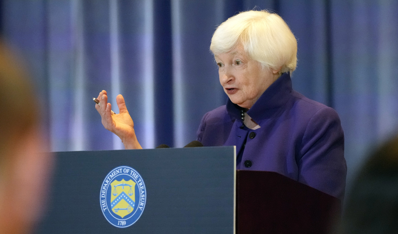 USA:s finansminister Janet Yellen vid en pressträff efter ett möte med Kinas vice premiärminister He Lifeng. Foto: Eric Risberg/AP/TT