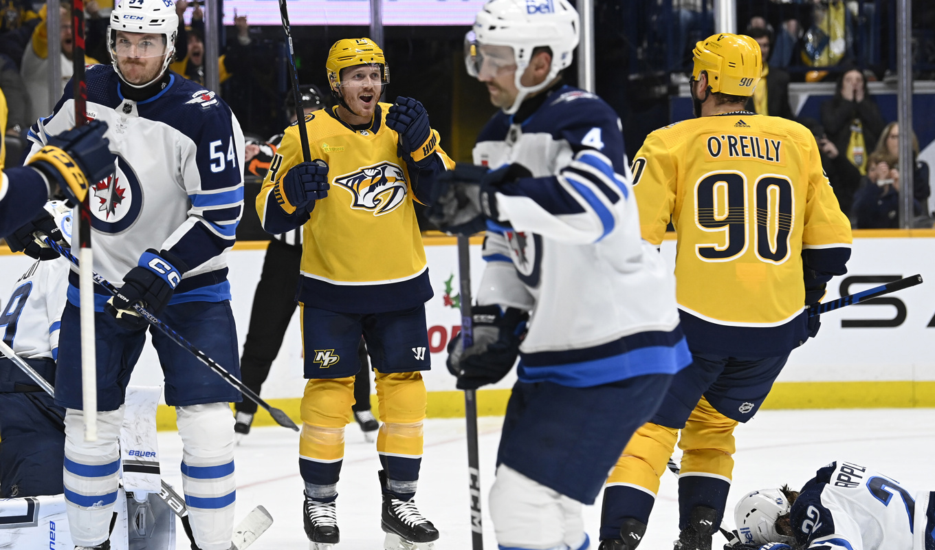 Nashvilles Gustav Nyquist sköt 3–0 i den andra perioden. Foto: Mark Zaleski/AP/TT