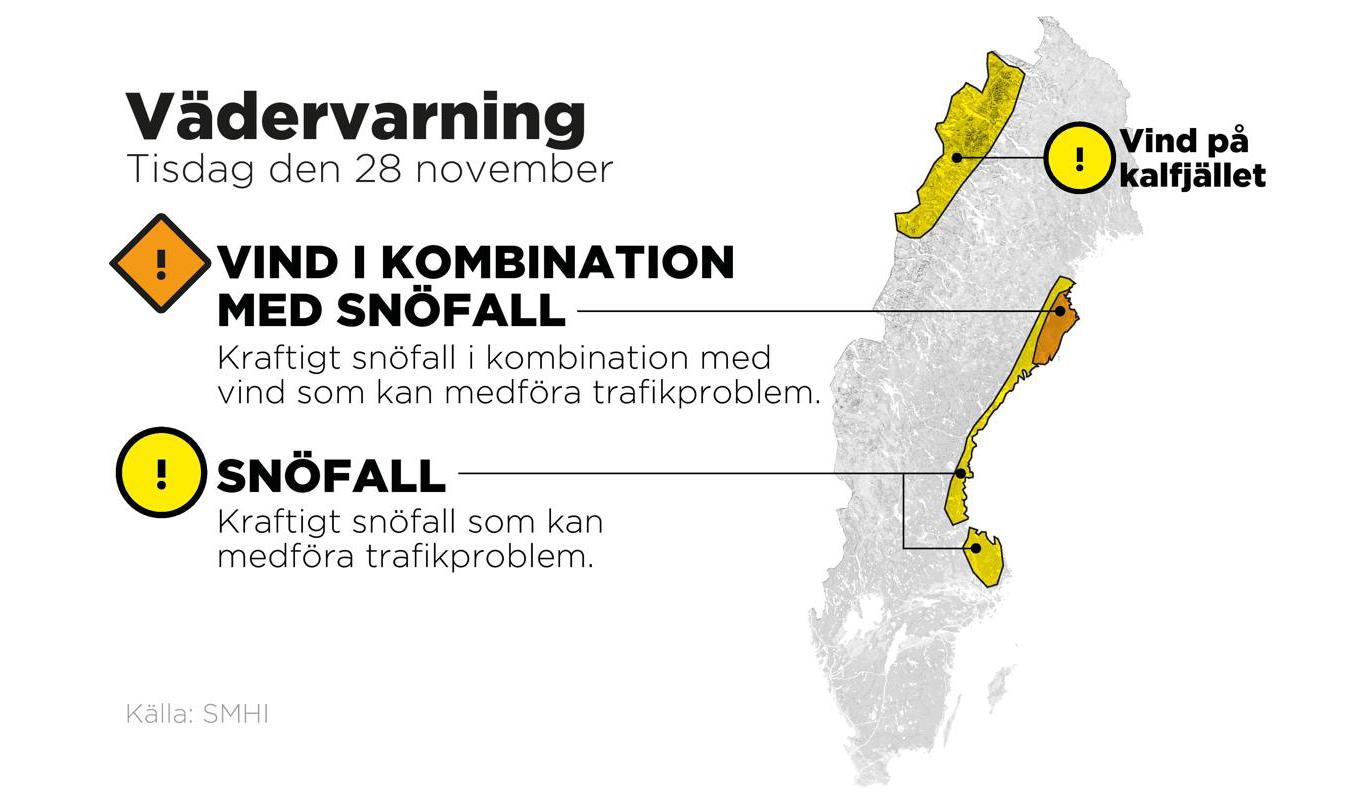 SMHI:s vädervarningar tisdag den 28 november. Foto: Johan Hallnäs/TT