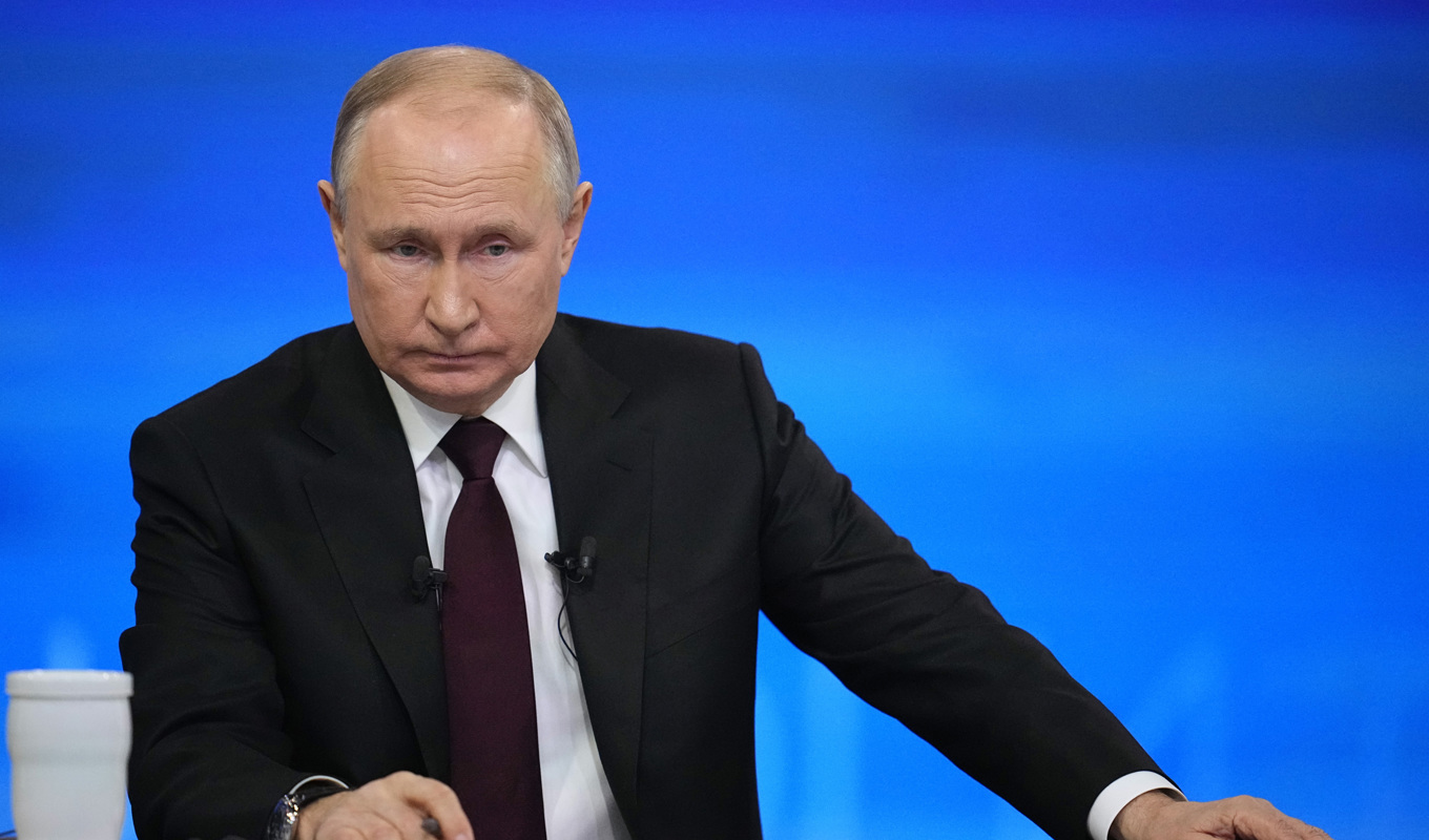 Vladimir Putin. Bild från hans stora presskonferens tidigare i veckan. Foto: Aleksandr Zemlianitjenko/AP/TT