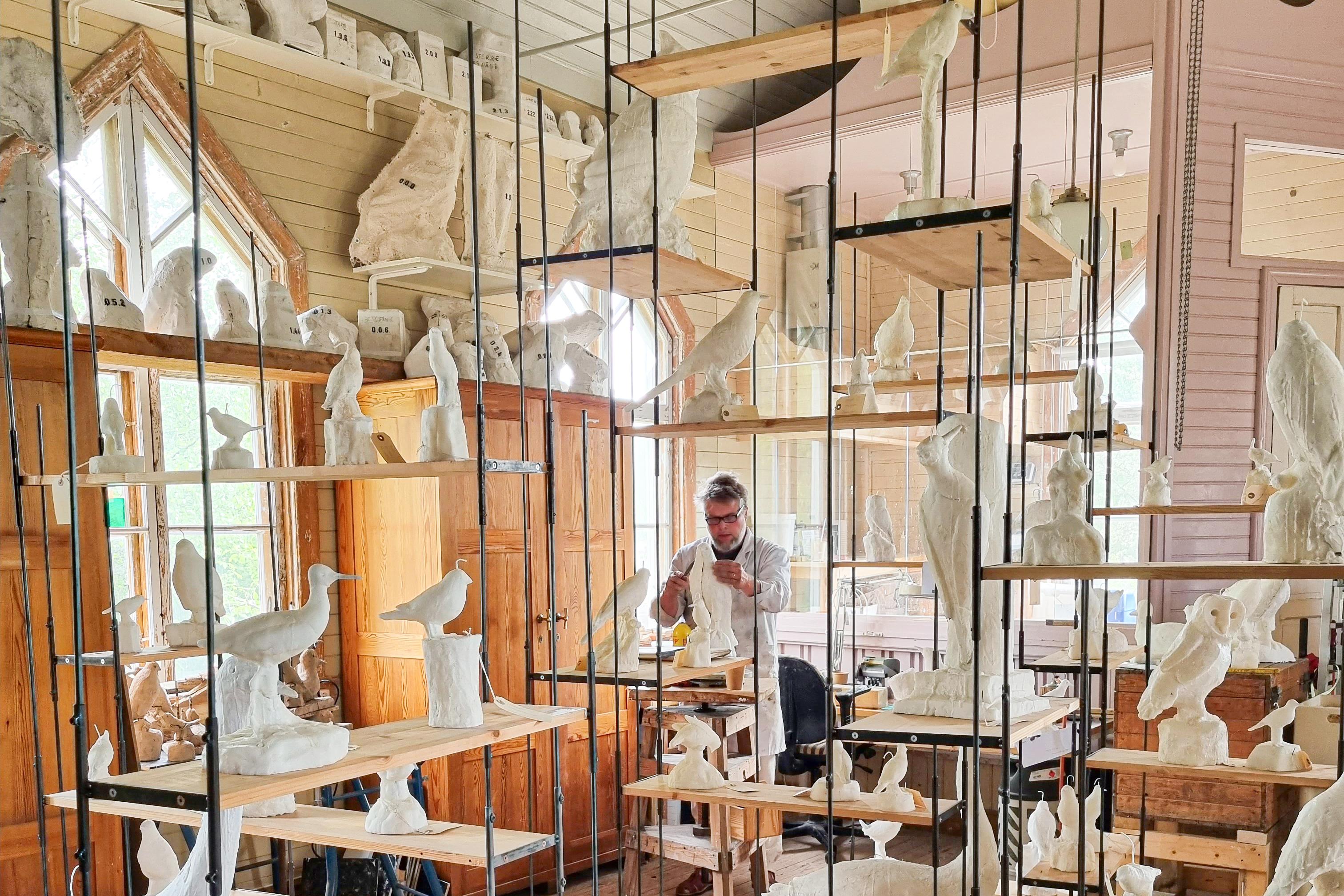 Konstnären Fredrik Strid i sin ateljé i norra Uppland där han har skapat stearinfåglarna, som är tillverkade i naturlig storlek och gjorda av stearin. Foto: Skissernas Museum