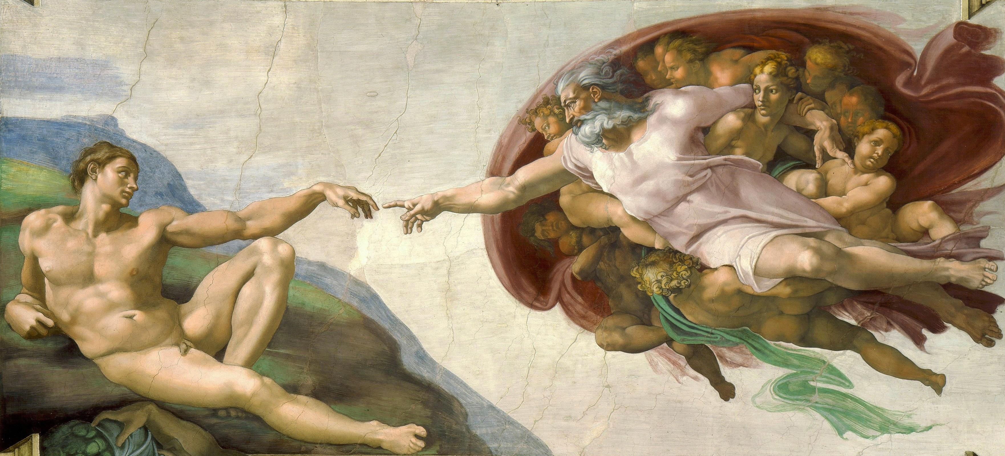 Historiskt har andning stått som en symbol för livet. I den kristna kulturen blåser Gud in livets ande genom människans näsborrar. Målning av Michelangelo Buonarroti (1475– 1564). Foto: Public Domain