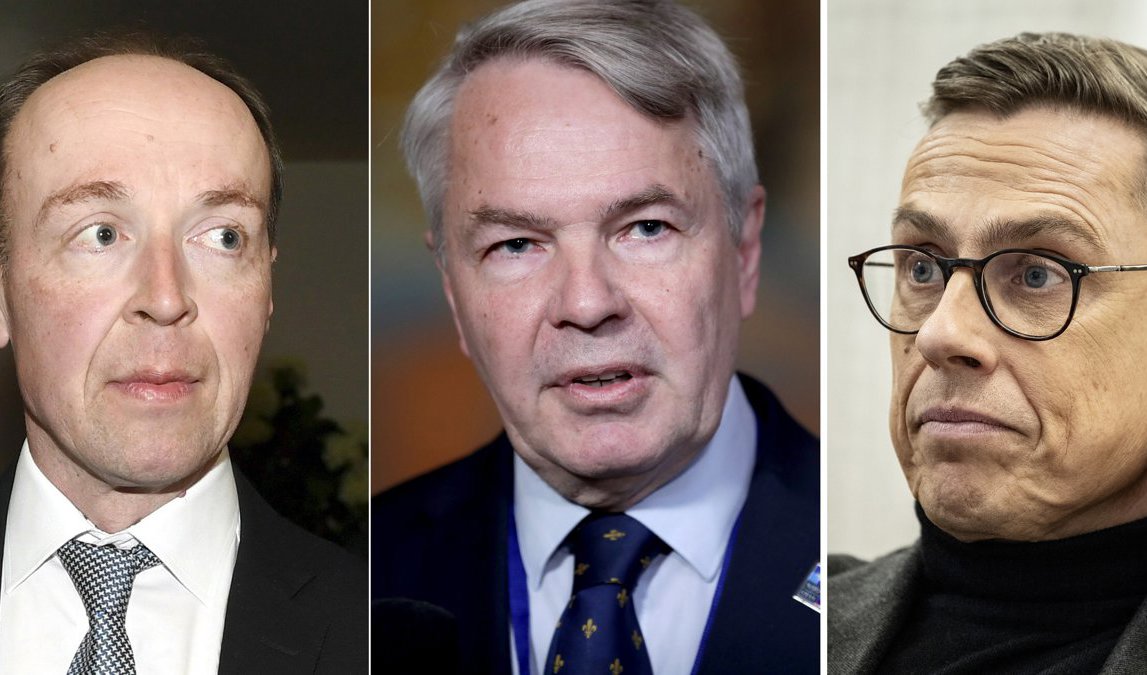 Striden om att gå till en andra omgång står mellan Jussi Halla-aho (Sannf), Pekka Haavisto (obunden) och Alexander Stubb (Saml). Arkivbilder. Foto: Vesa Moilanen/Lehtikuva/AP, Hanna Johre/NTB, Christine Olsson/TT