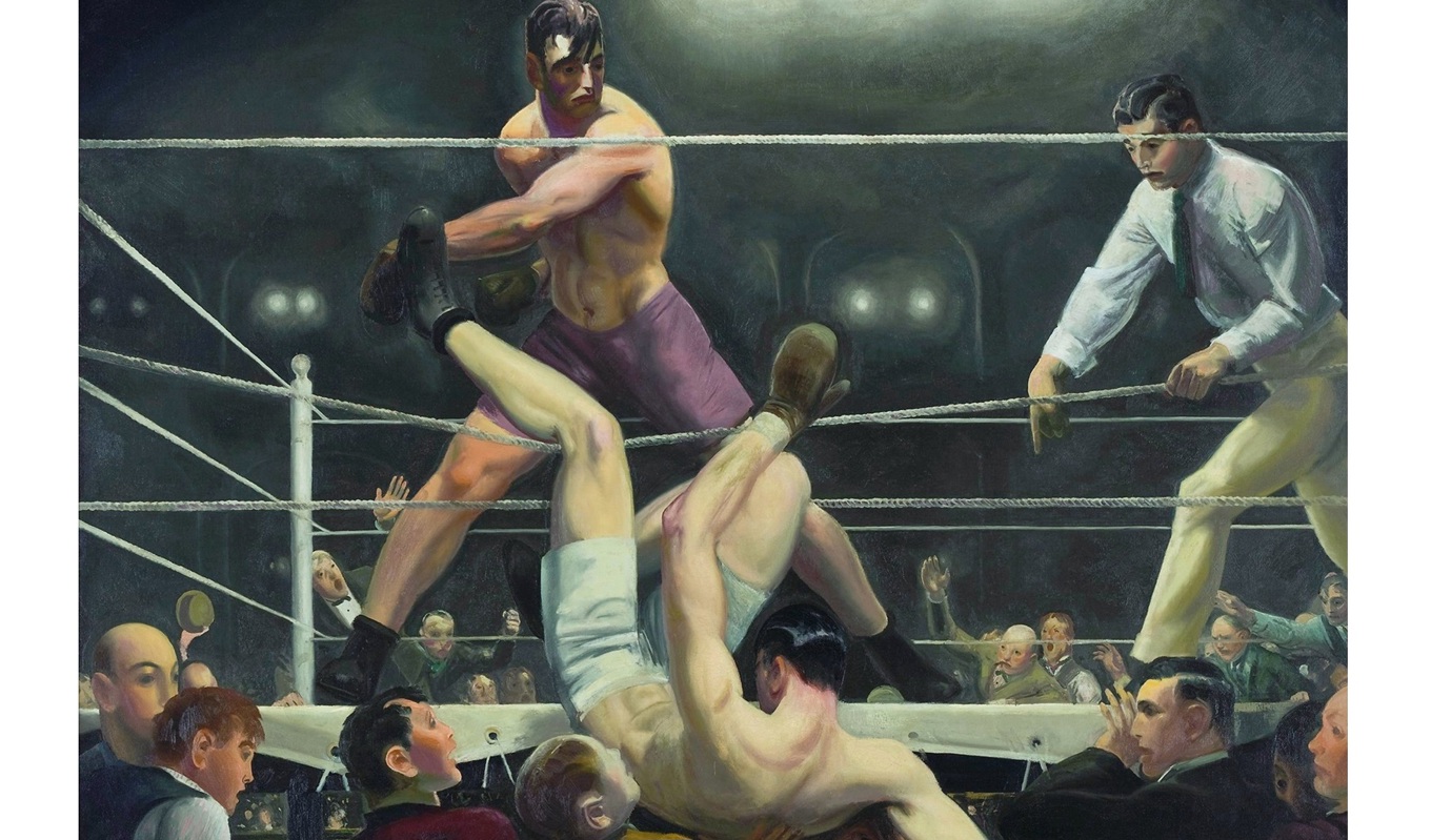 Luis Ángel Firpo slår ut Jack Dempsey ur ringen 1923, målning av George Bellows (1882–1925). Foto: Public Domain