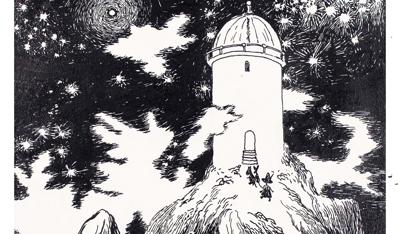 Mumin, Sniff och Snusmumriken som har kommit fram till observatoriet, där de ska få besked om kometen och världsrymden. Foto: Tove Jansson