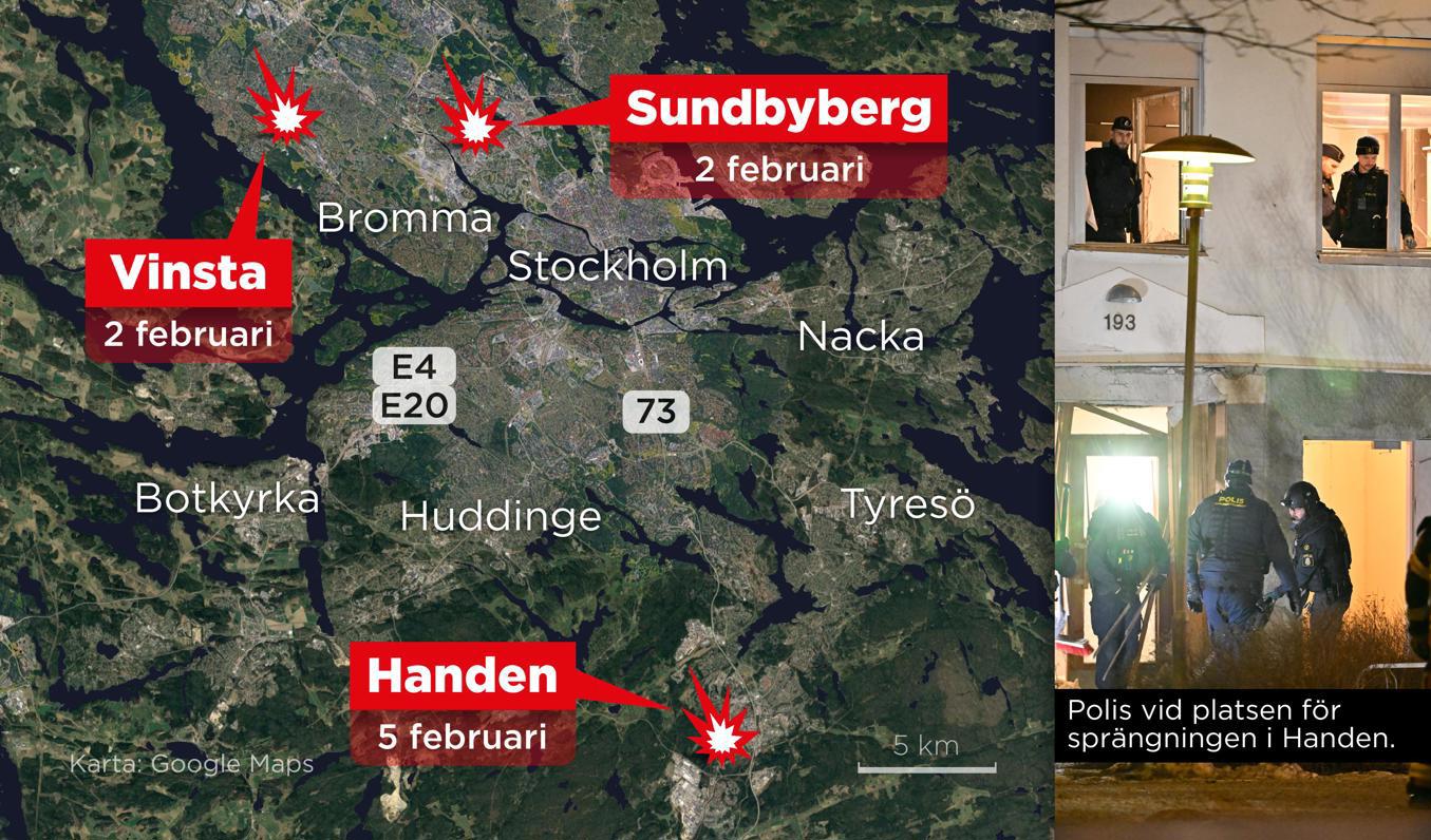 Kartan visar Vinsta, Sundbyberg och Handen där sprängningar skett under de senaste dygnen. Foto: Anders Humlebo