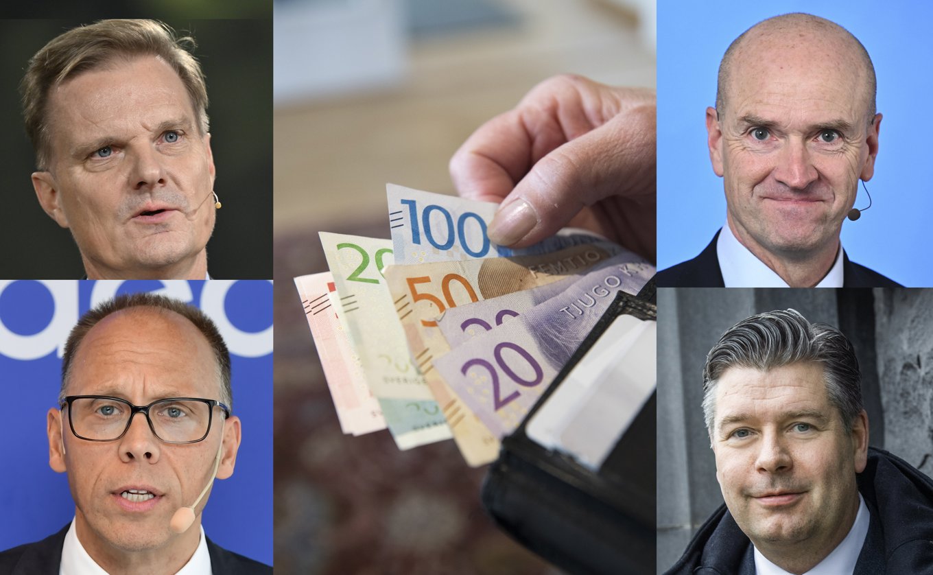 Överst från vänster, Swedbanks vd Jens Henriksson, Michael Green, vd Handelsbanken, Nordeas vd Frank Vang-Jensen och längst ner till höger SEB:s vd Johan Torgeby. Arkivbilder. Foto: TT