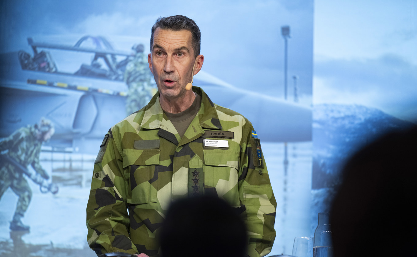 Överbefälhavare Micael Bydén talar på rikskonferensen Folk och Försvar 2024 på Sälens Högfjällshotell. Arkivbild. Foto: Pontus Lundahl/TT