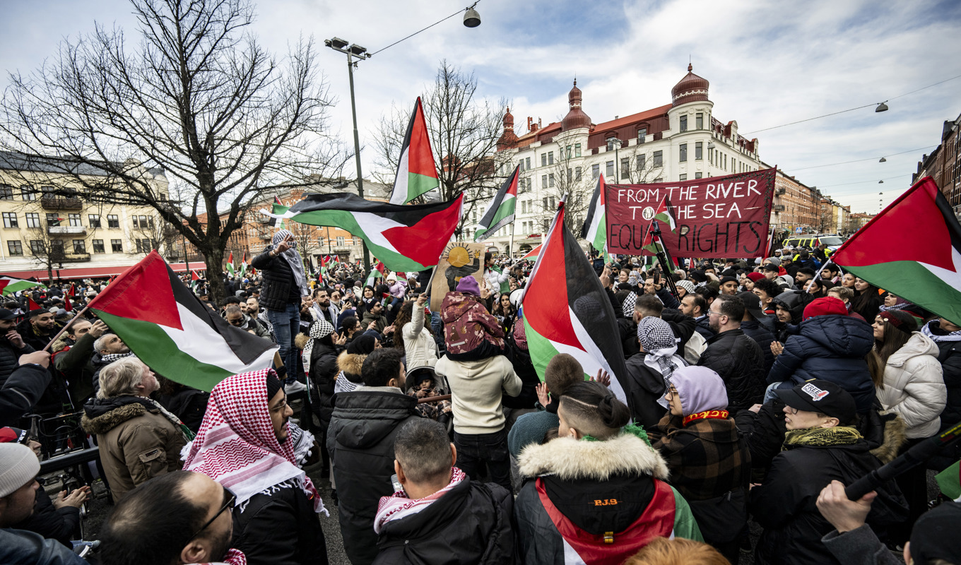 Cirka 10|000 personer tågade mellan Gustav Adolfs torg och Möllevångstorget i Malmö under söndagens propalestinska demonstration. Foto: Johan Nilsson/TT