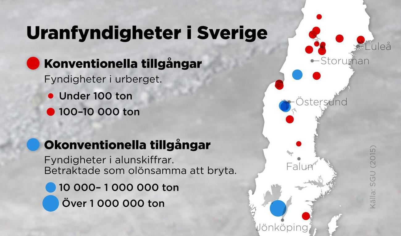 Kartan visar områden med uranfyndigheter i urberget och i alunskiffrar. Foto: Anders Humlebo/TT
