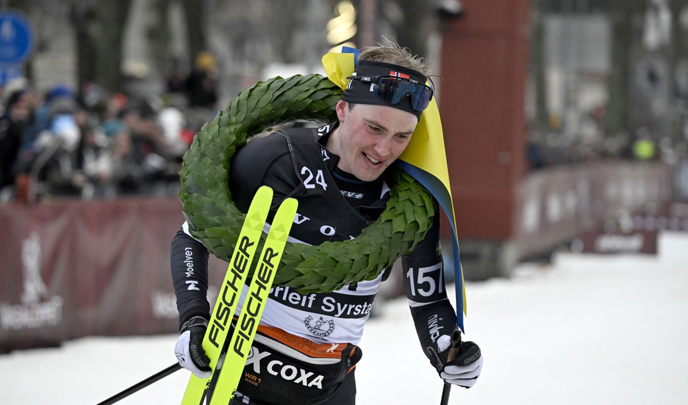 Segraren Torleif Syrstad var skakad sedan klimataktivister försökt störa hans målgång. Foto: Ulf Palm/TT
