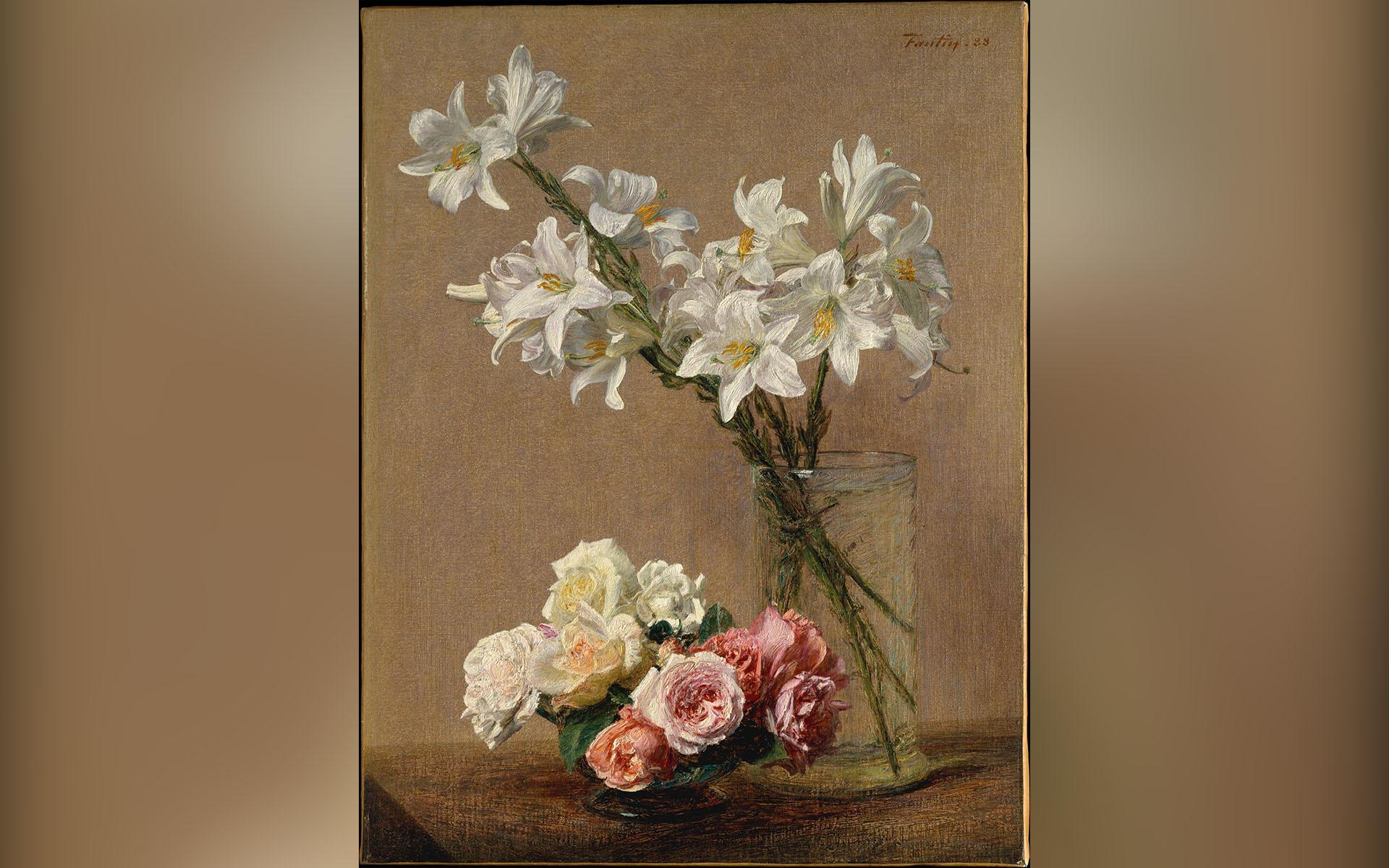 Fullbordandet är vägens slut men också avnjutningens tid. Rosor och liljor, målning av Henri Fantin-Latour (1836-1904). Foto: Public Domain