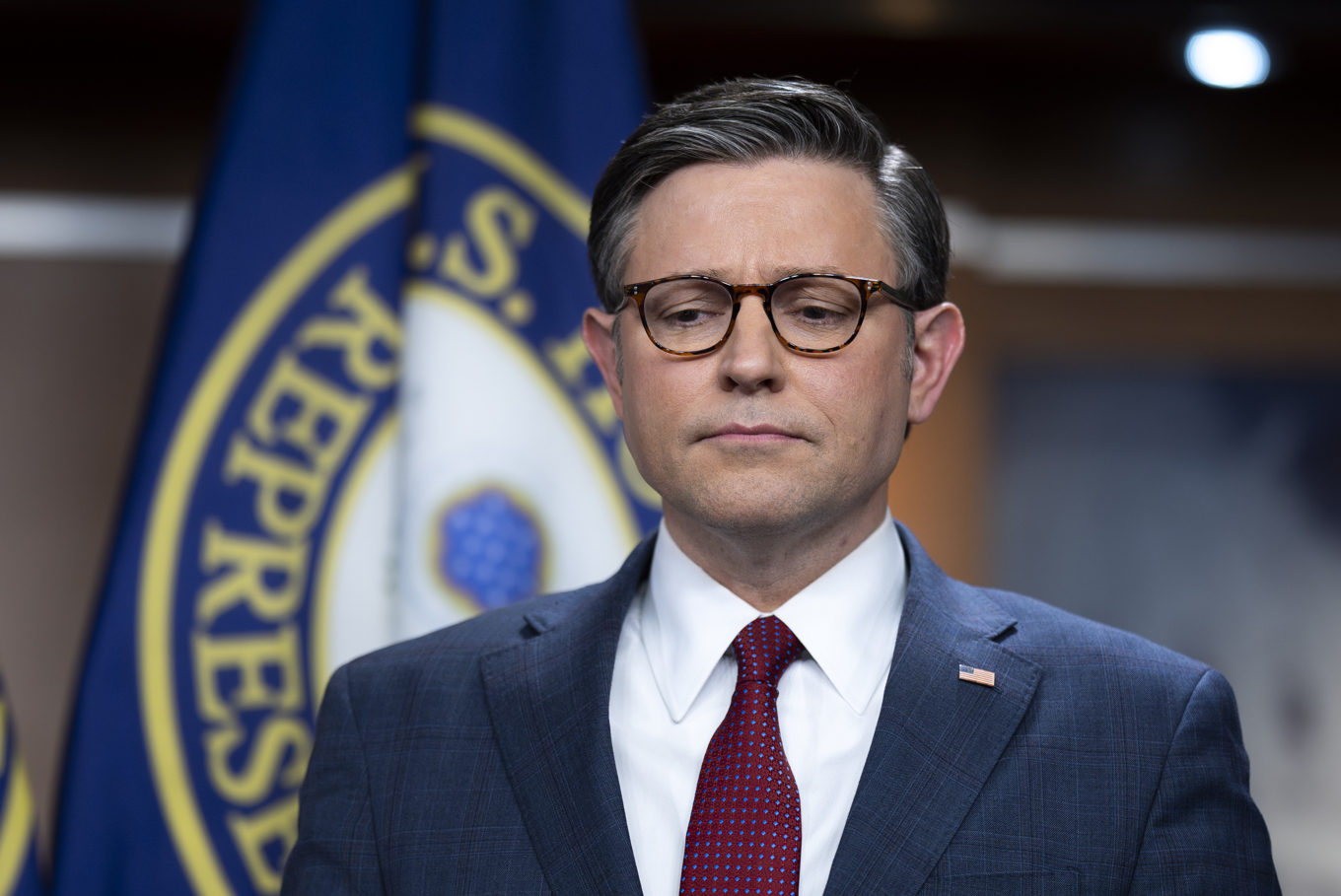 Representanthusets talman Mike Johnson på en presskonferens i veckan. Foto: J Scott Applewhite/AP/TT