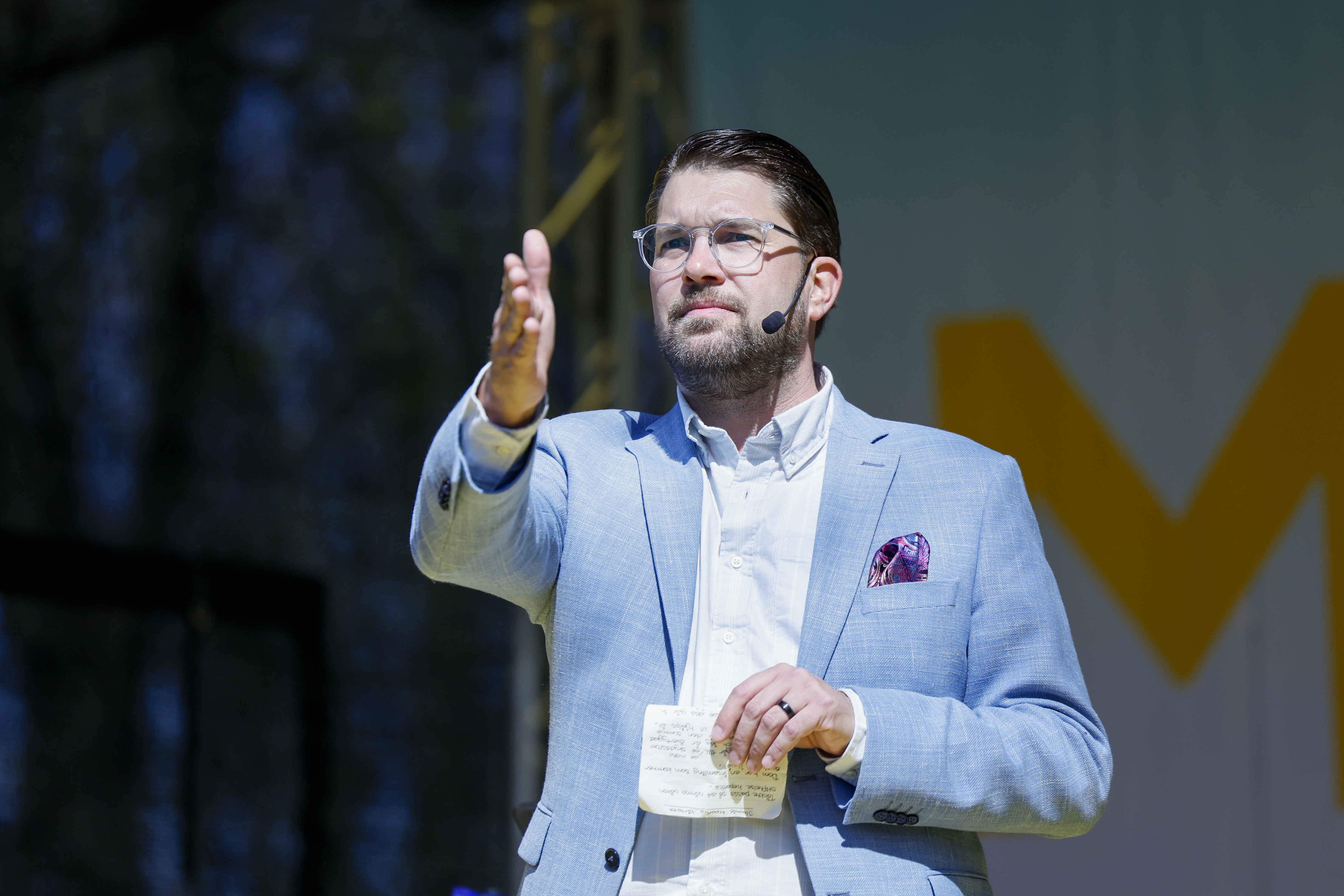 Sverigedemokraternas partiledare Jimmie Åkesson (SD) vårtalar på Långholmen i Stockholm. Foto: Christine Olsson/TT