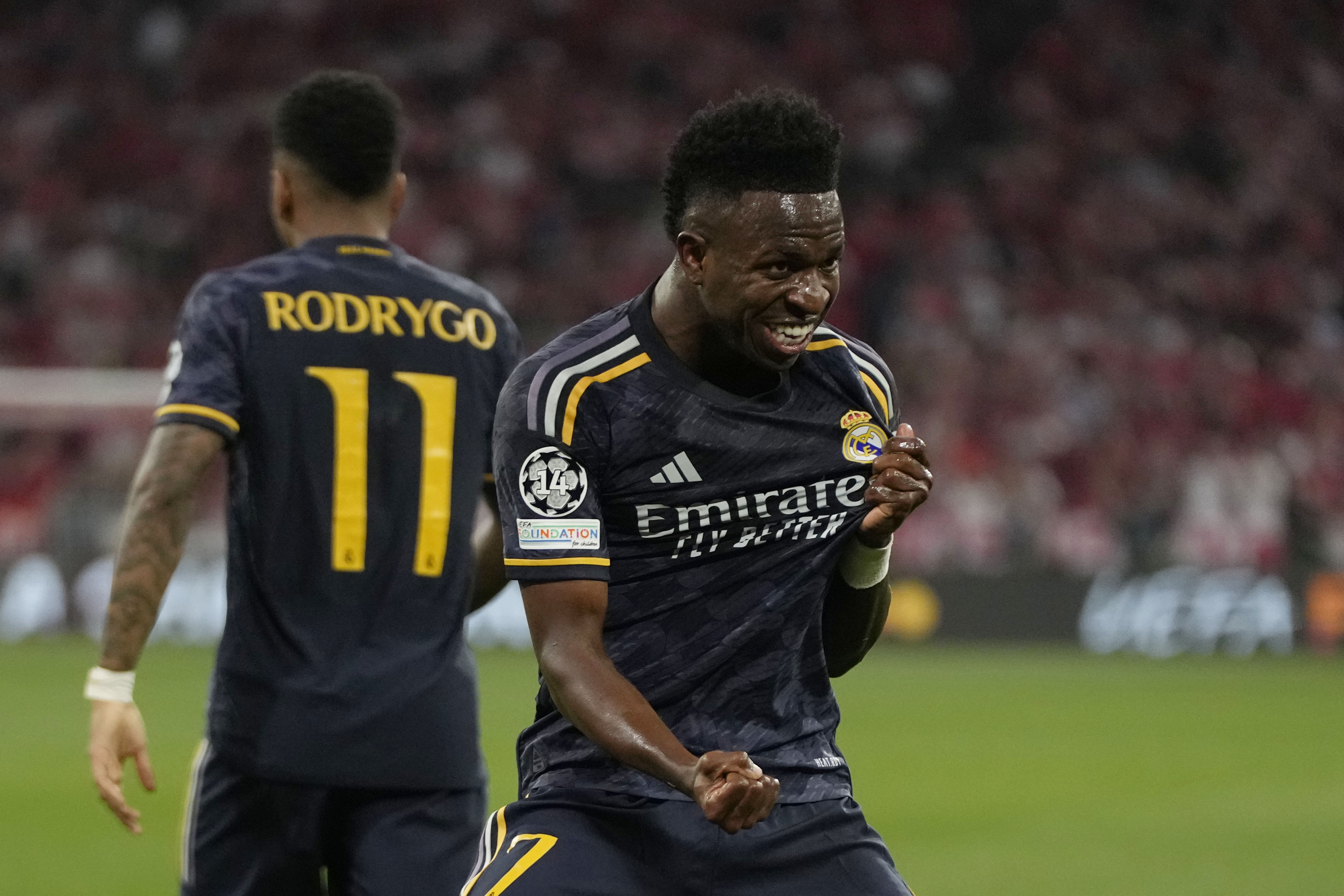 Real Madrids Vinicius Júnior blev målskytt i den första CL-semin mot Bayern München. Arkivbild. Foto: Matthias Schrader/AP/TT