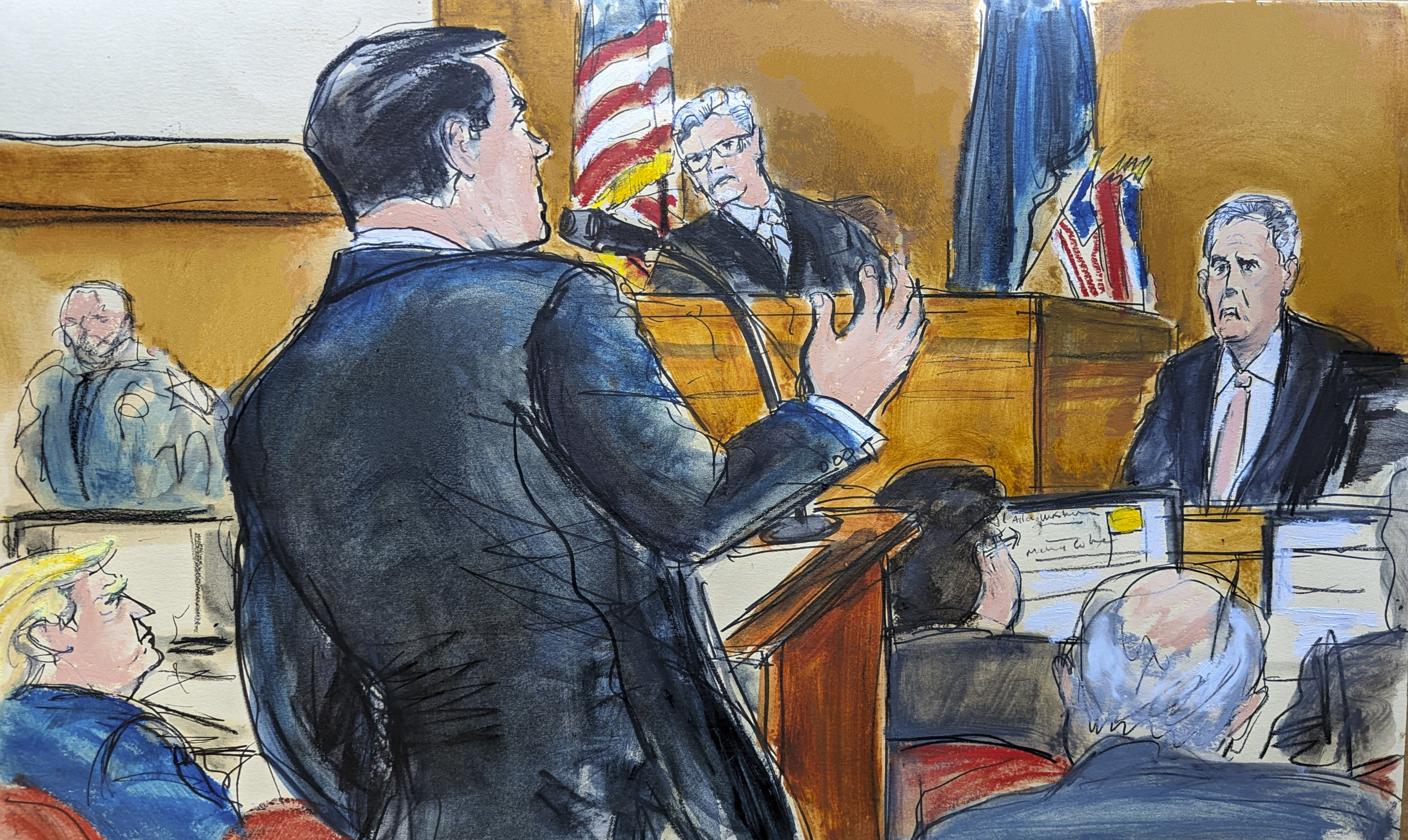 Donald Trump (till vänster), medan hans advokat Todd Blanche korsförhör vittnet Michael Cohen. Foto: Elizabeth Williams/AP/TT