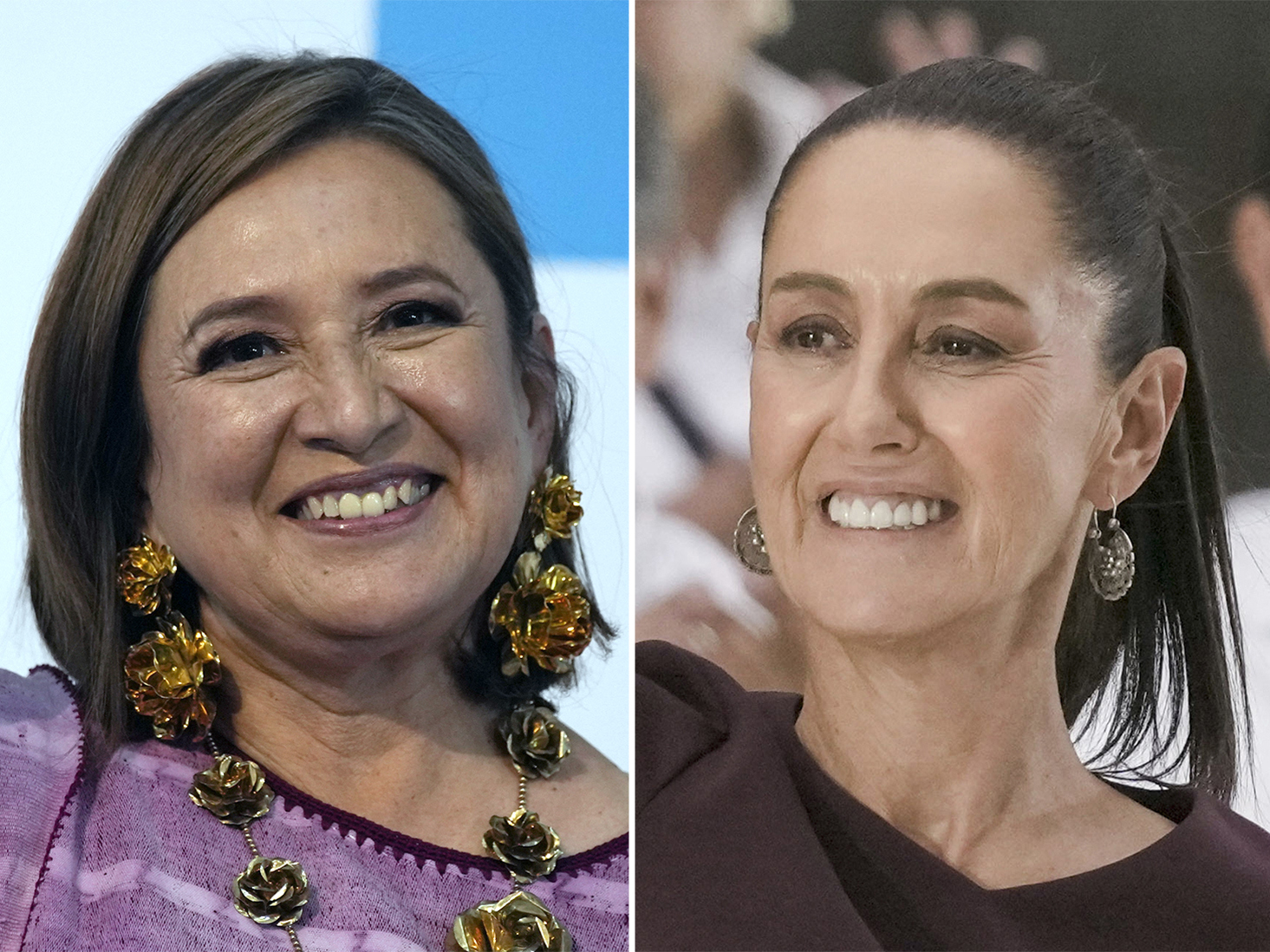 Två kvinnor är i ledning i kampen om att bli Mexikos president. Xóchitl Gálvez, till vänster, och Claudia Sheinbaum, till höger. Foto: Fernando Llan/Eduardo Verdugo/AP/TT