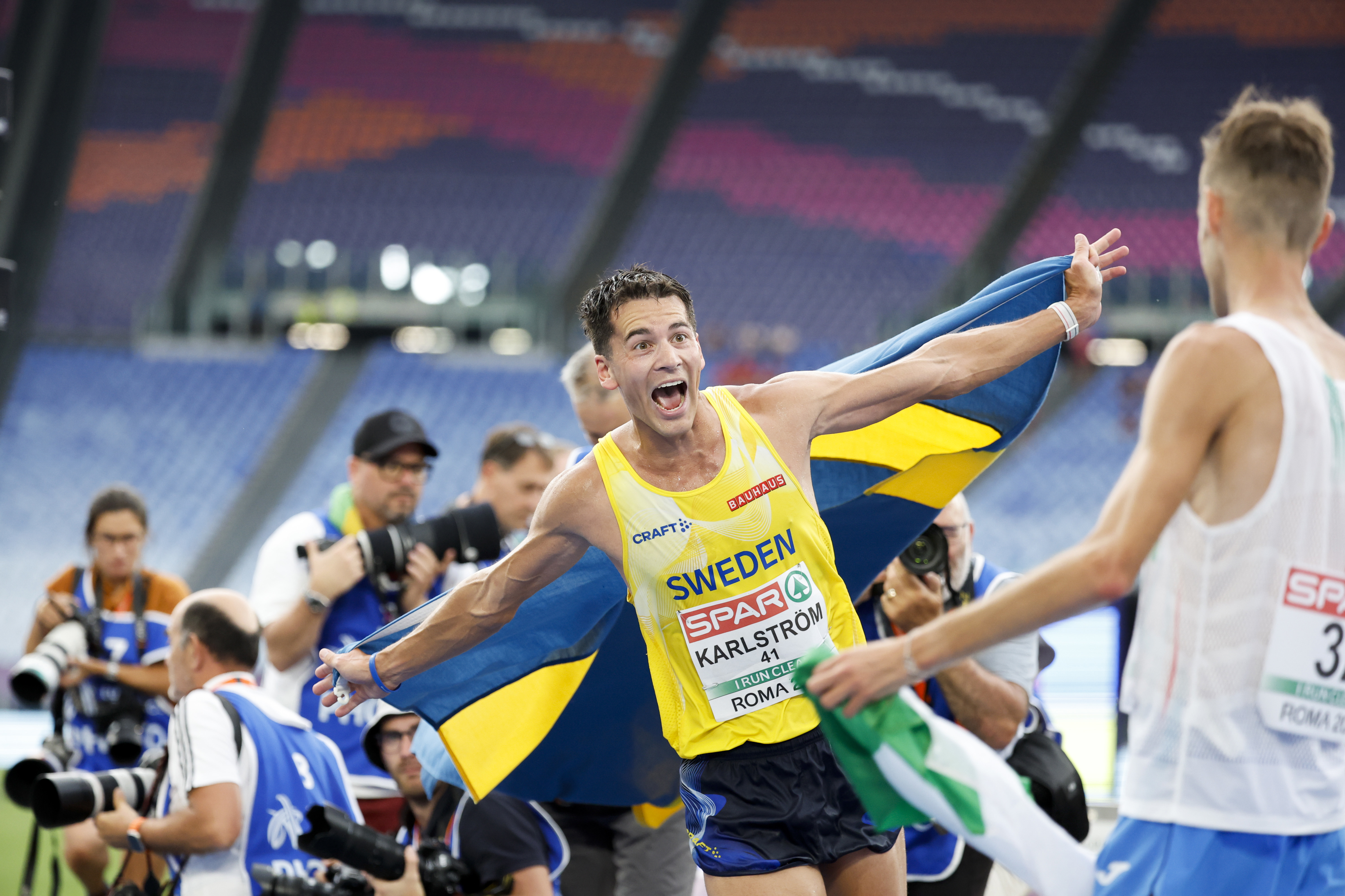Perseus Karlström tar EM-guld i 20 kilometer gång i Rom. Foto: Christine Olsson/TT